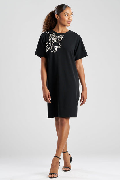 Solid Knit Crepe Embellished Short Sleeve Shift Dress Black Natori