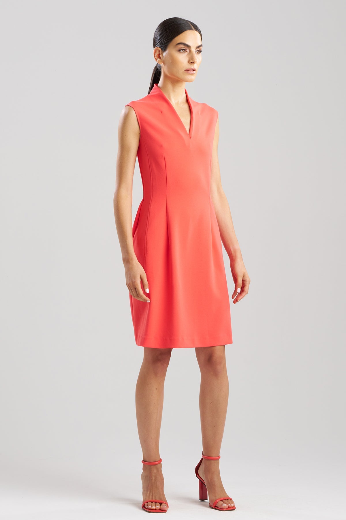 Solid Knit Crepe Raised Collar Dress Cayenne Natori