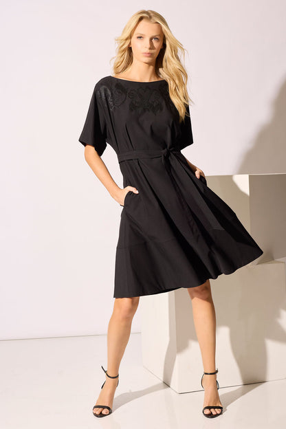 Solid Lightweight Woven Embellished Boatneck Dress Black Natori