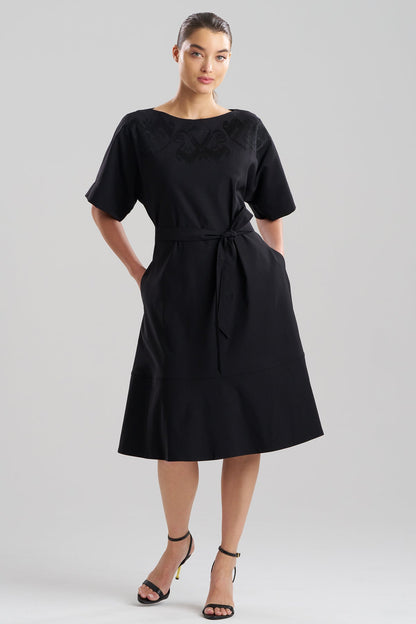 Solid Lightweight Woven Embellished Boatneck Dress Black Natori