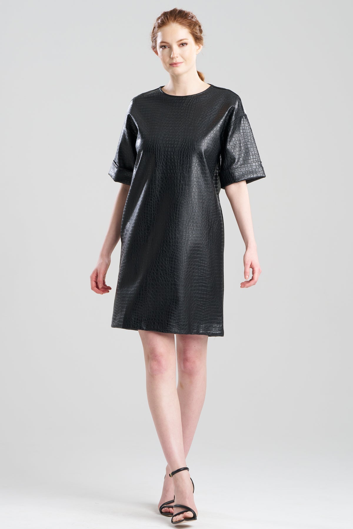 Faux Croc Leather T-Shirt Dress Black Natori