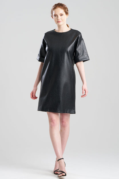 Faux Croc Leather T-Shirt Dress Black Natori