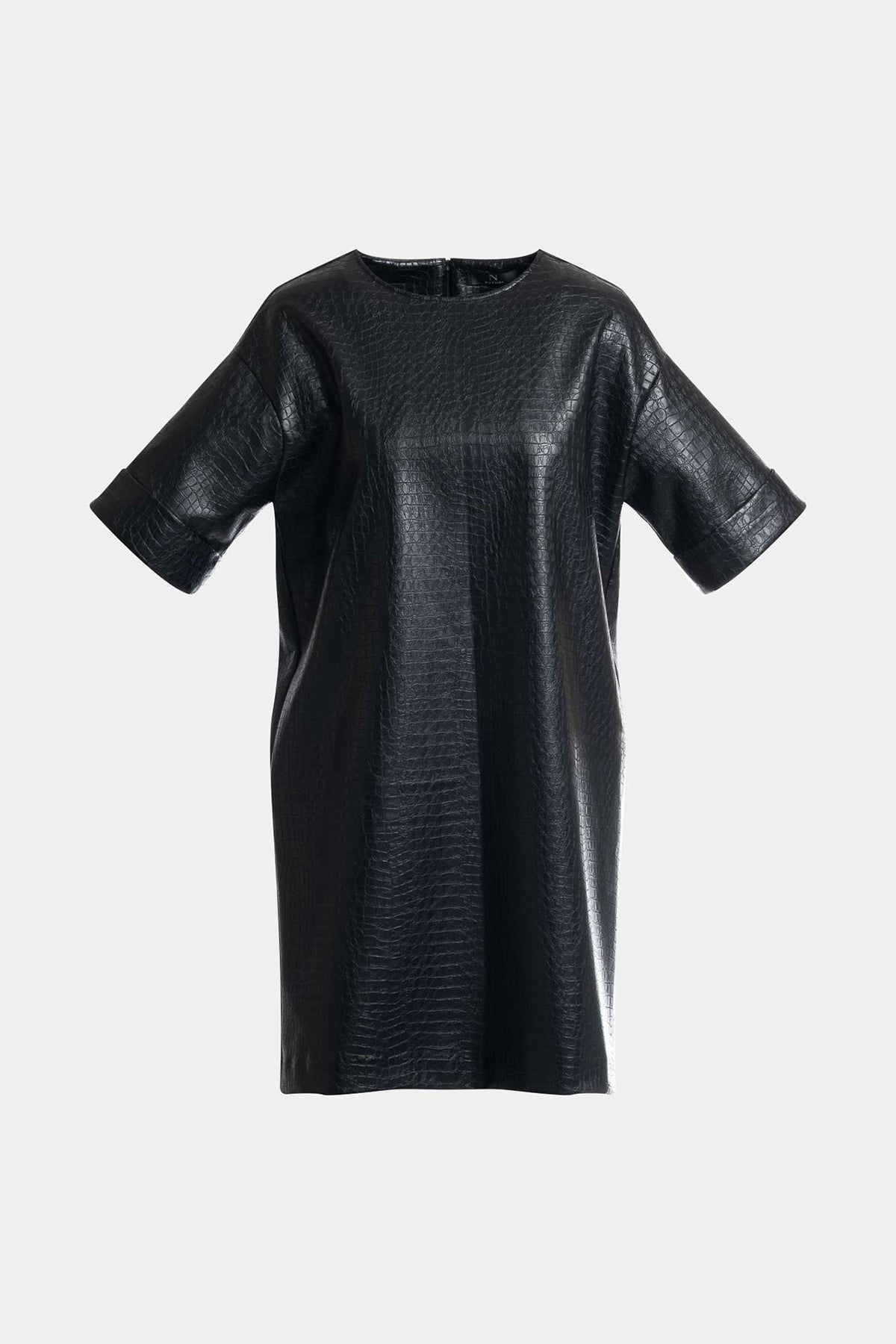 Faux Croc Leather T-Shirt Dress Black Natori