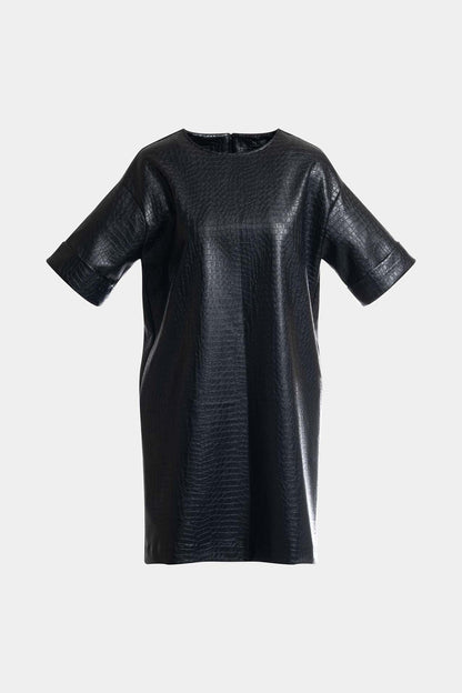 Faux Croc Leather T-Shirt Dress Black Natori