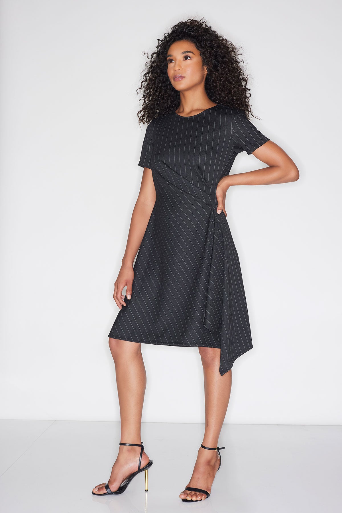 Pinstripe Knit Side Drape Dress Black/White Natori