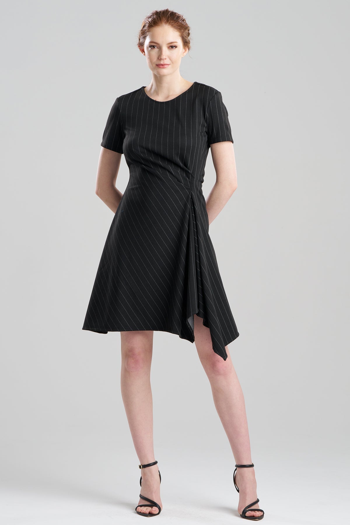 Pinstripe Knit Side Drape Dress Black/White Natori
