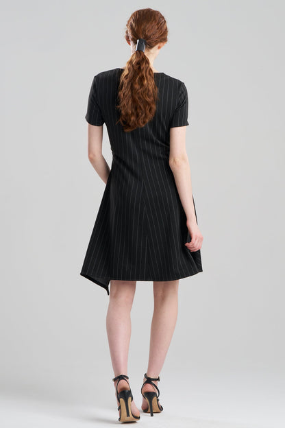 Pinstripe Knit Side Drape Dress Black/White Natori