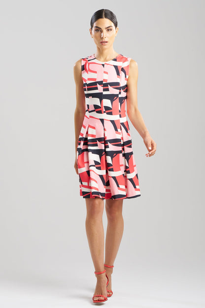 Abstract Lines Sleeveless Pleated Dress Cayenne Natori