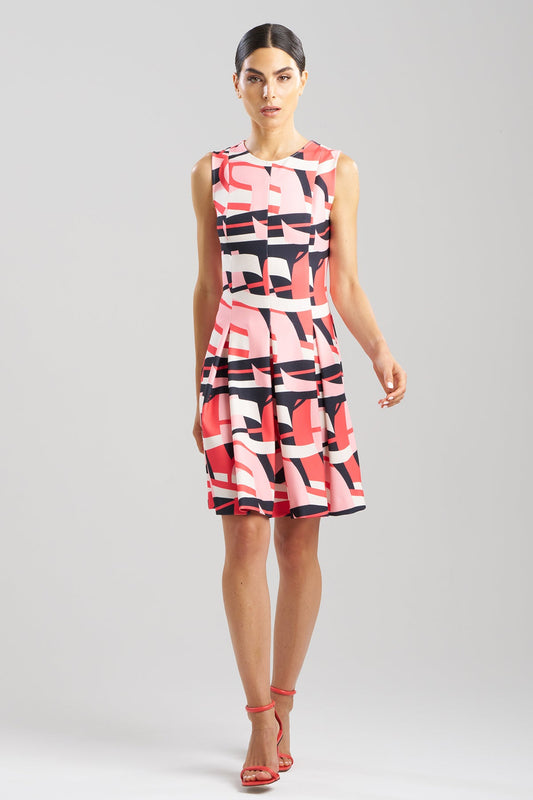 Abstract Lines Sleeveless Pleated Dress Cayenne Natori