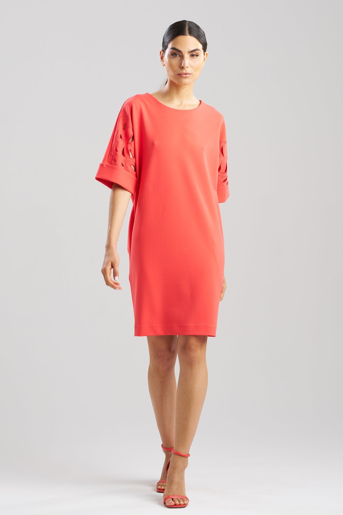 Solid Knit Crepe Embroidered Geometric T-shirt Dress Cayenne Natori