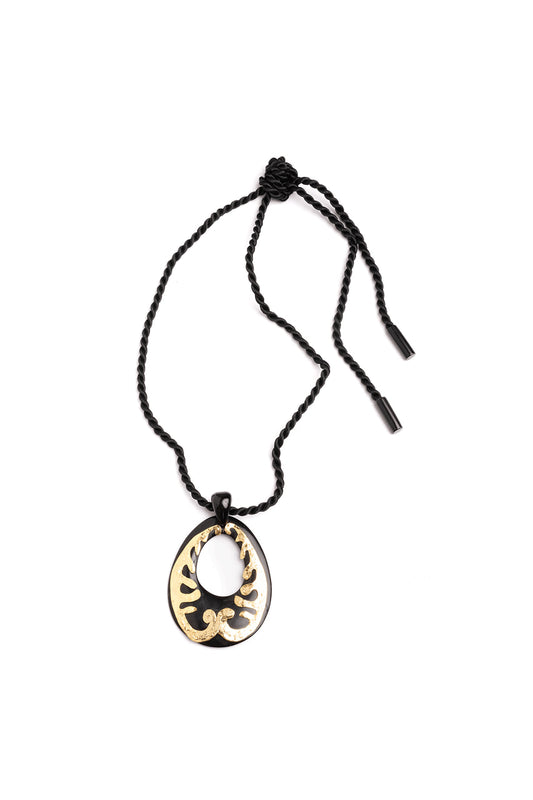 Buy Buffalo Horn Gold Scroll Oval Pendant Necklace in Black Online Black Natori